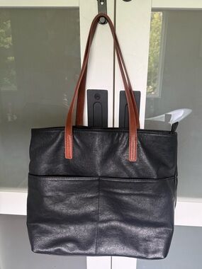 Large Black Tote with Brown Handles